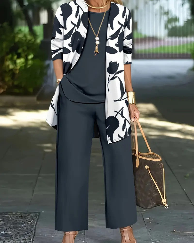Layered Top Wide-Leg Pants Three-Piece Set