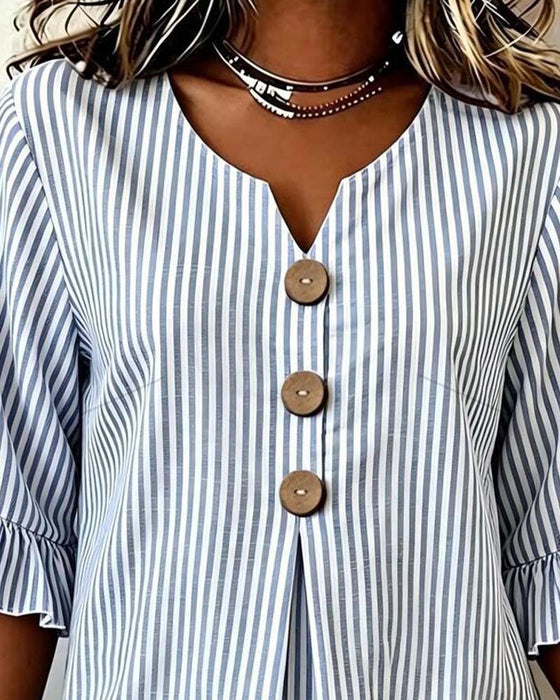 Mini V-Neck Ruffle Stripe Button Blouse