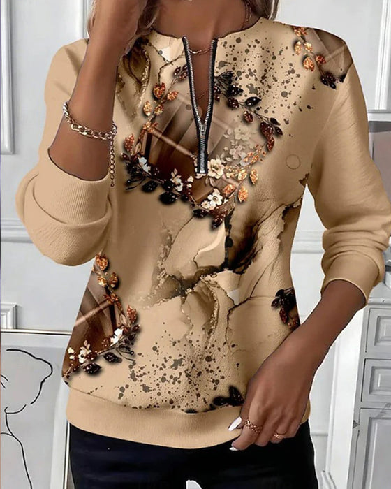 Zipper Printed Long Sleeve Sweatshirt