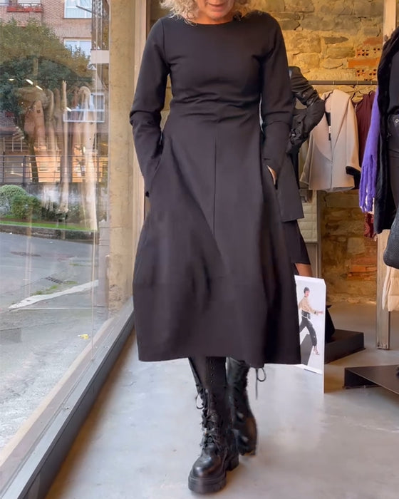 Solid color round neck A-line dress