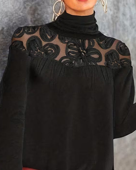 Turtleneck Shirred Floral Blouse