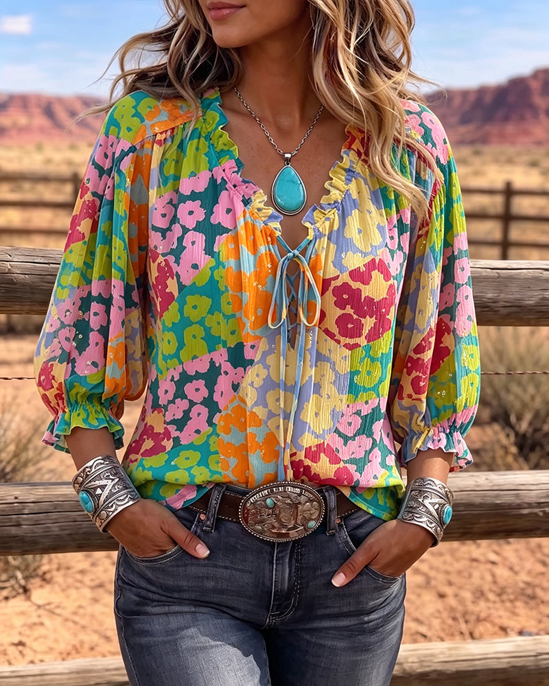 Floral V-Neck Tie-Front Puff Sleeve Blouse