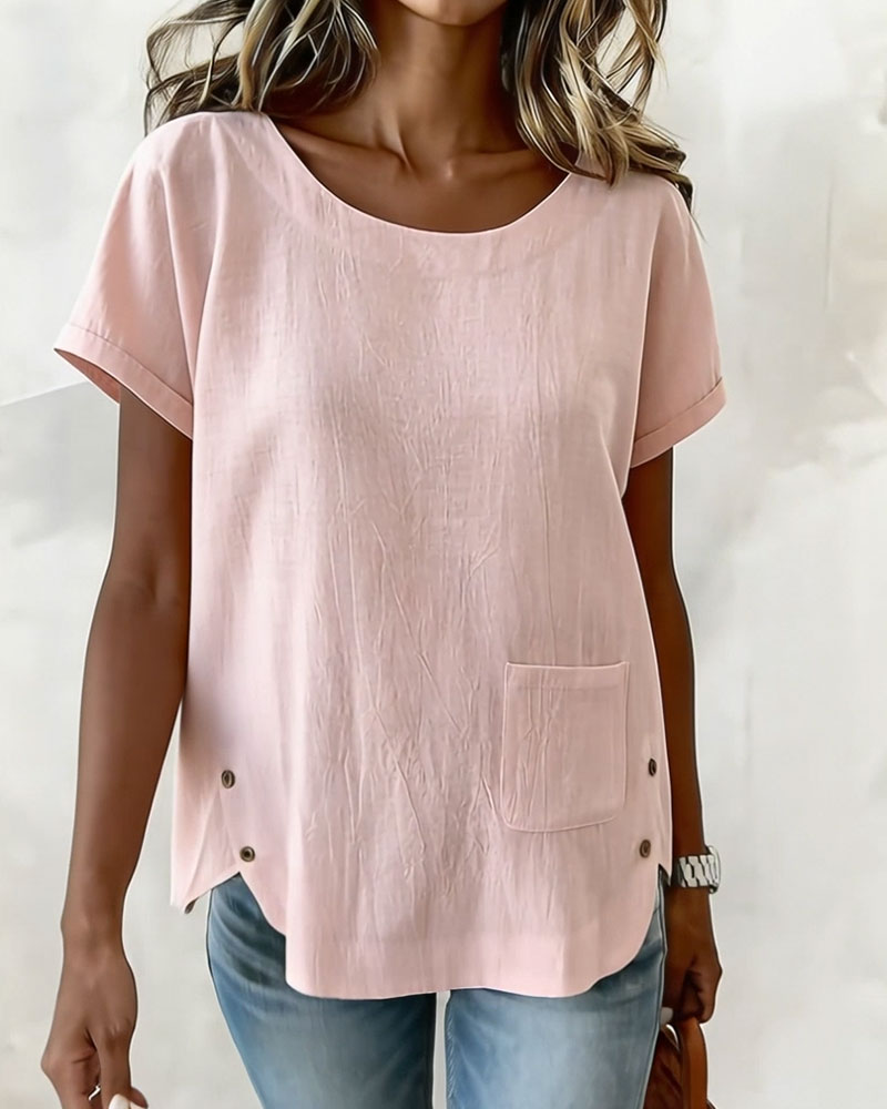 Cotton Linen Button Detail Short Sleeve T-Shirt