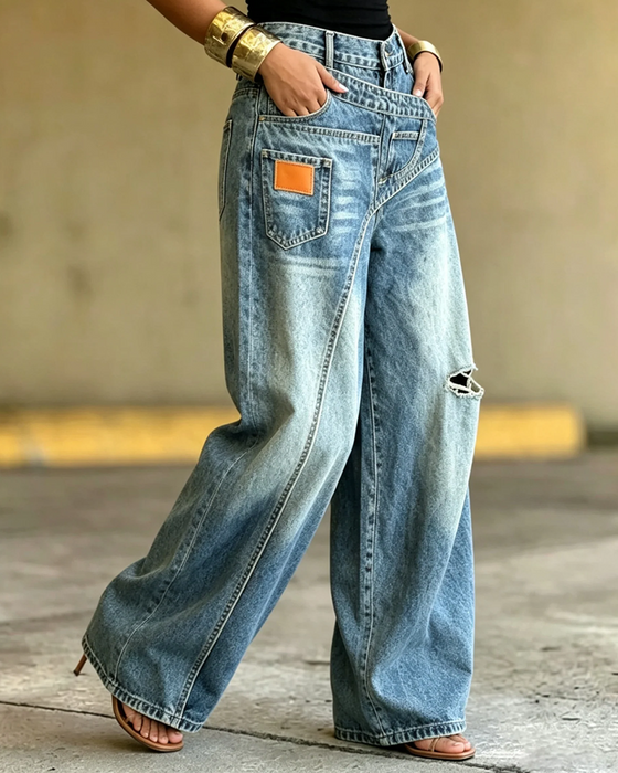 Irregular Ripped Denim Long Pants