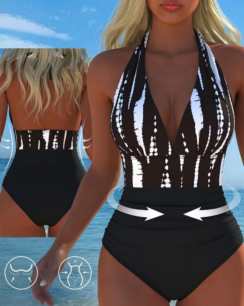 Deep V Halter Neck One-Piece Swimsuit