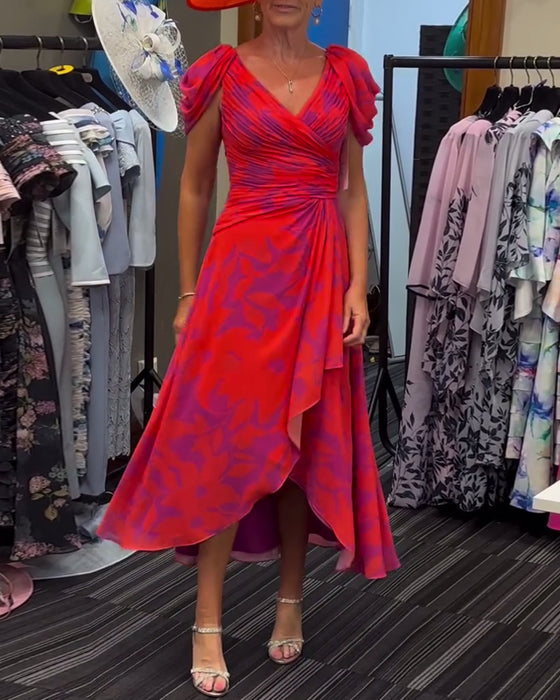 Pleated slit printed dress