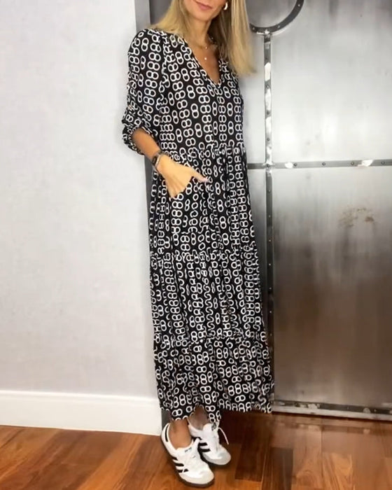 Geometric print V-neck elegant long dress