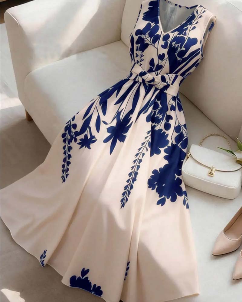 V-Neck Waist A-Line Sleeveless Dress