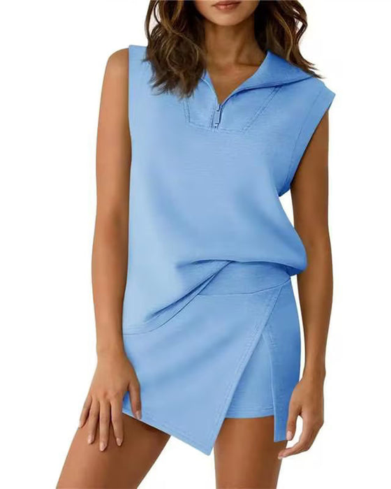 Zipper Sleeveless Top Skort Two-Piece Set