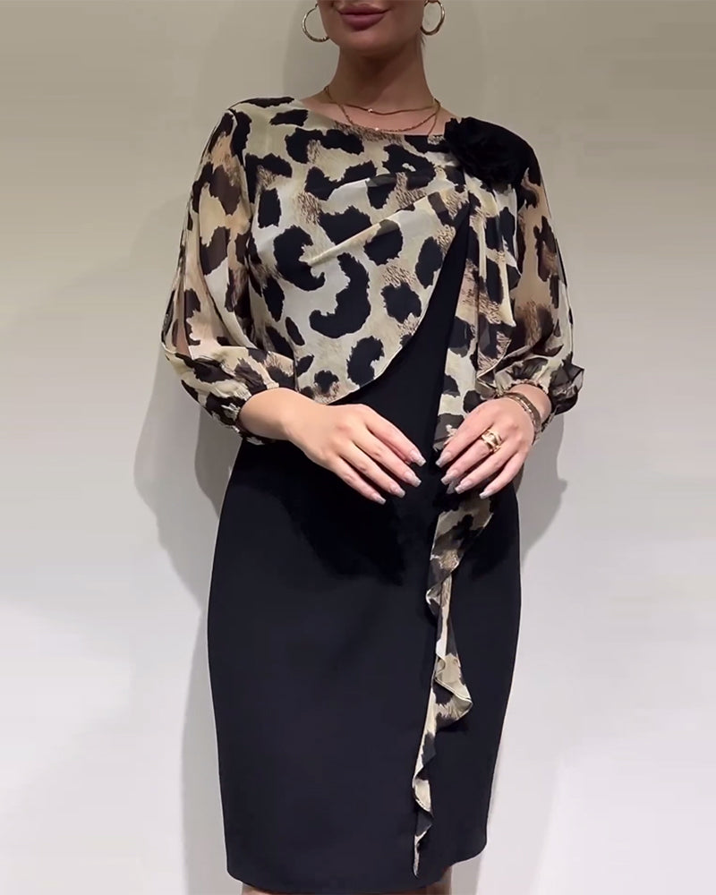 Leopard print splicing elegant dress