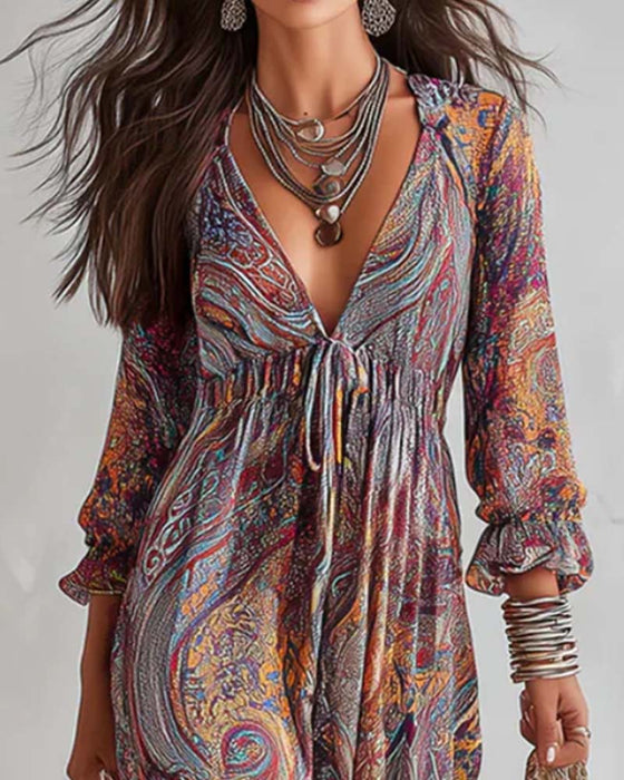 V-Neck Ruched Puff Sleeve Full Skirt Dress