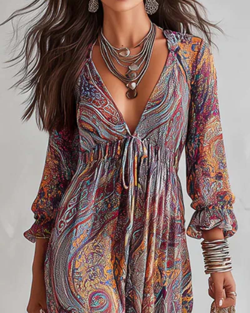 V-Neck Ruched Puff Sleeve Full Skirt Dress