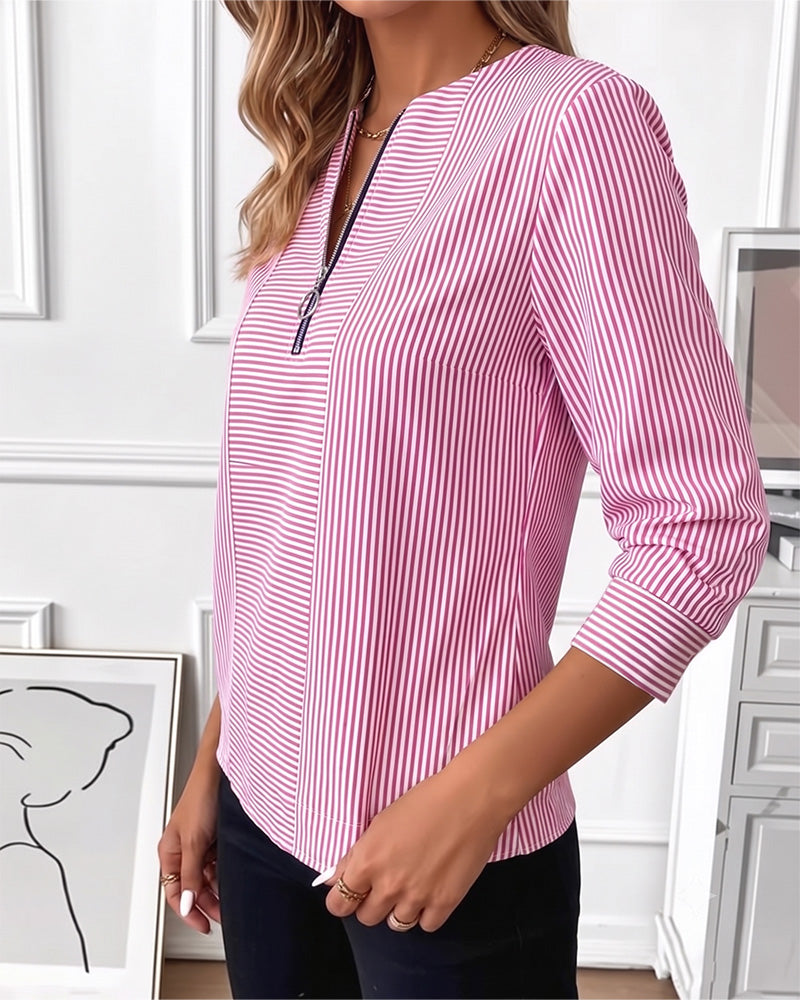 Striped Patchwork Zip Up Blouse