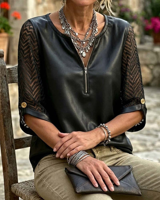Crew Neck Zip Fashion Top