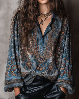 Retro Print V-Neck Lapel Sophisticated Blouse