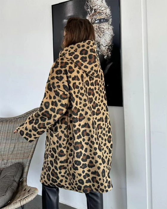 Casual leopard print pocket hooded coat