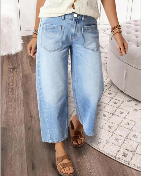 Denim Elastic Waist Wide-Leg Cropped Jeans