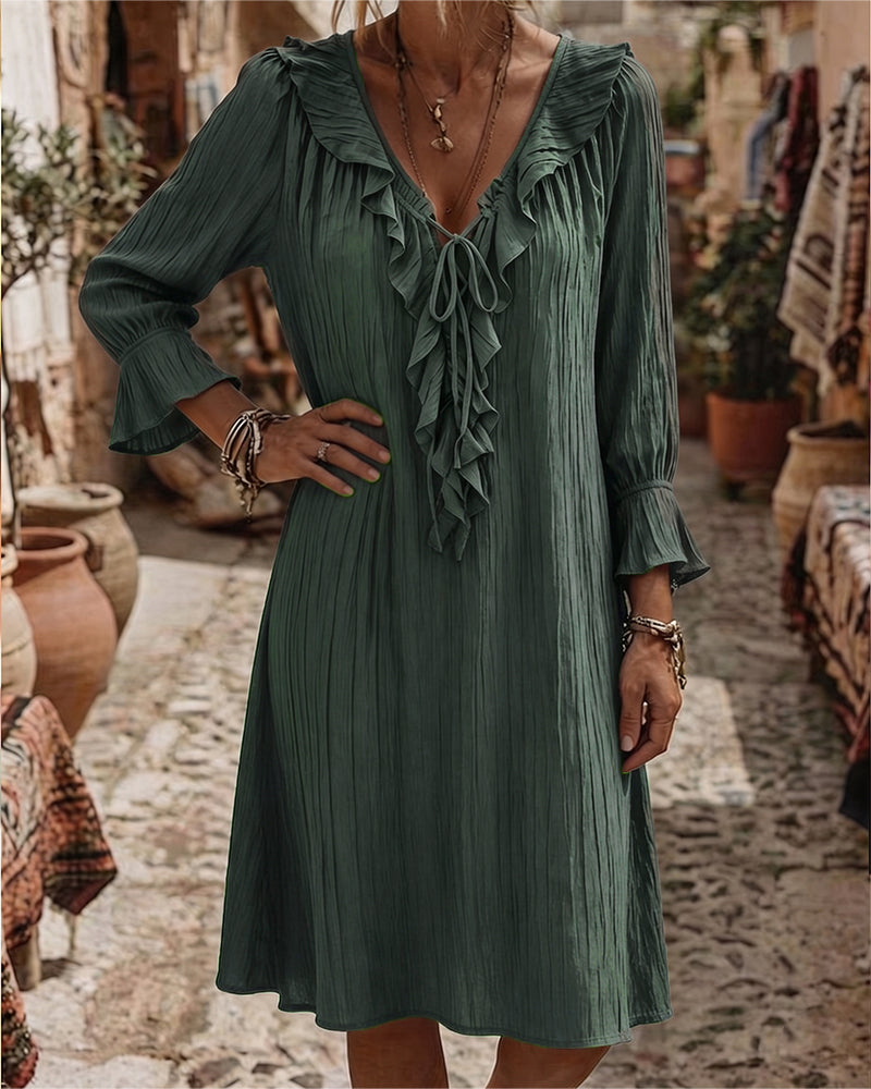 Ruffle Collar Tie Three Quarter Sleeve Dress