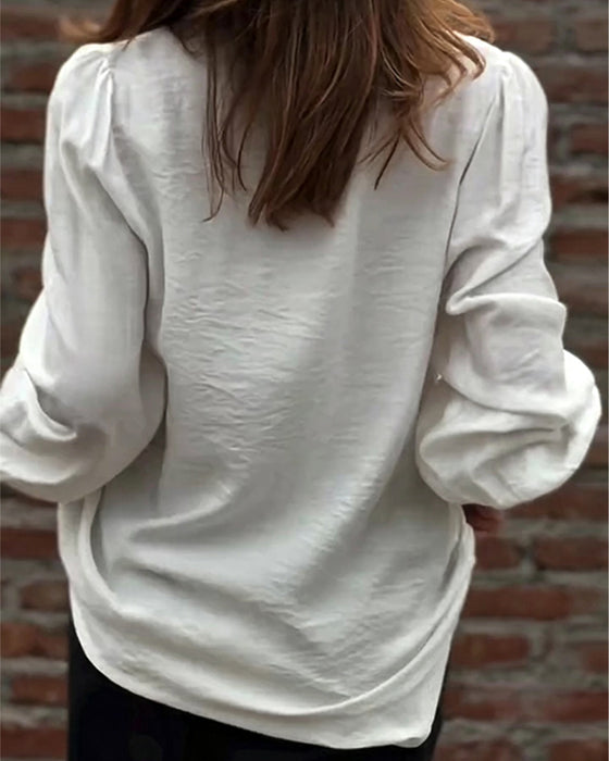 V-Neck Button Front Ruffle Puff Sleeve Blouse