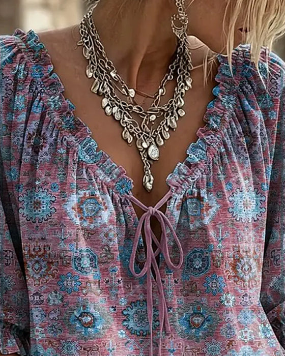 V-Neck Tie Vintage Print Blouse