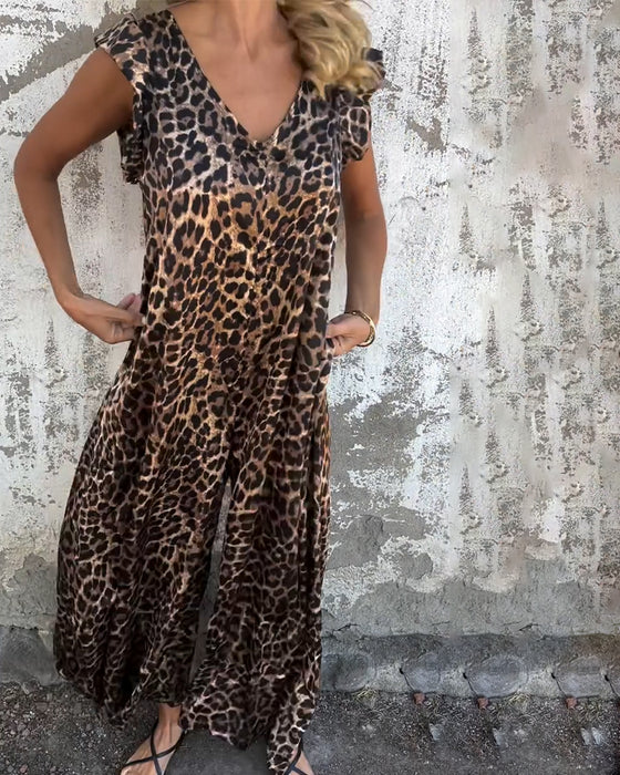 V-Neck Leopard Print Jumpsuit