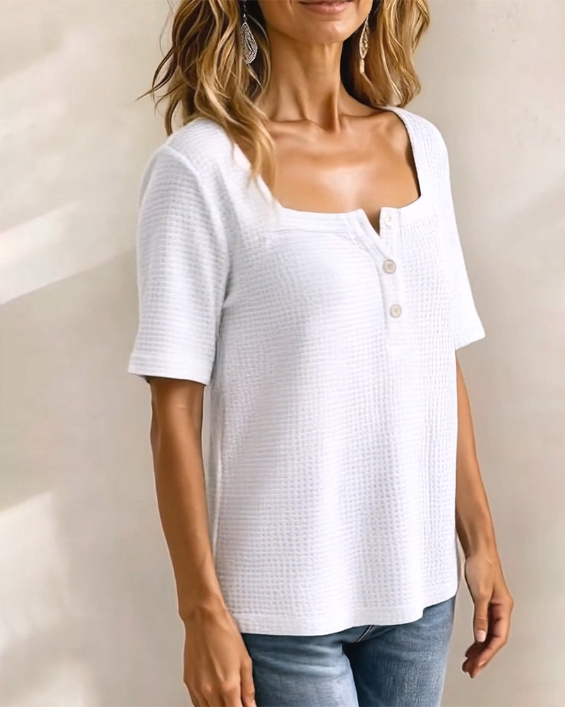 Square Neck Button Waffle T-Shirt