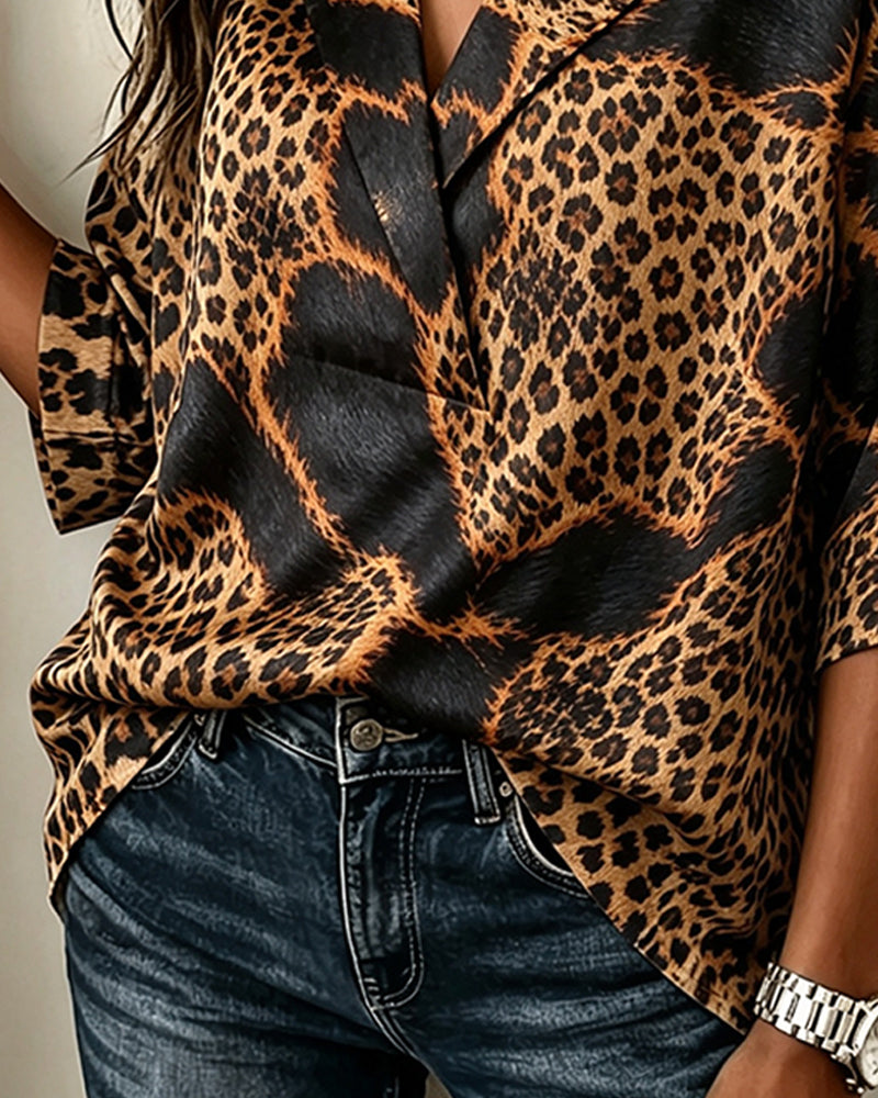 Lapel Cross Leopard Blouse