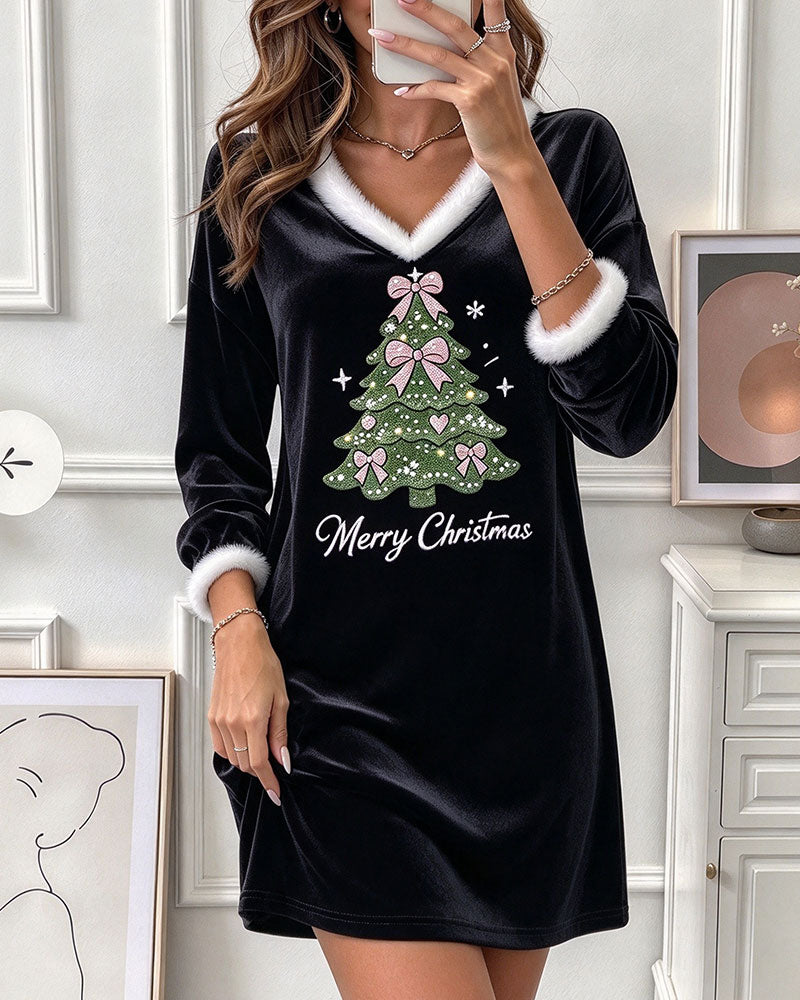 V-Neck Furry Collar Christmas Tree Long Sleeve Dress
