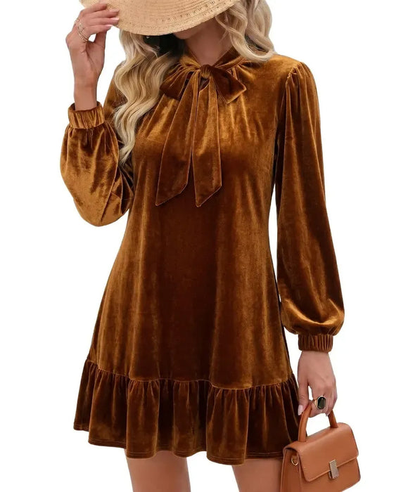 Tie Bubble Sleeve Ruffle Dress