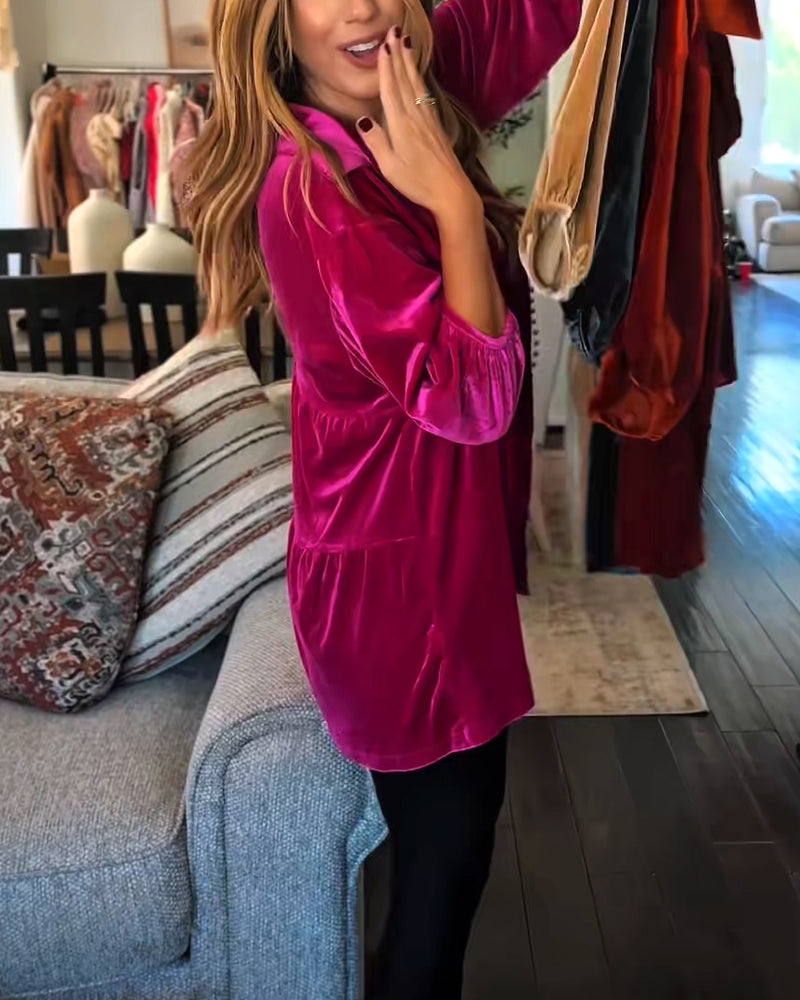 Loose-Fitting Velvet Three-Quarter Sleeve Blouse