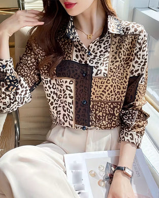 Collared Color-Blocked Leopard Print Shirt