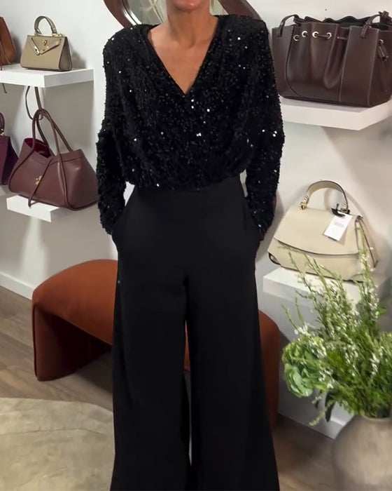 Fashionable Sequined Padded Shoulder Top