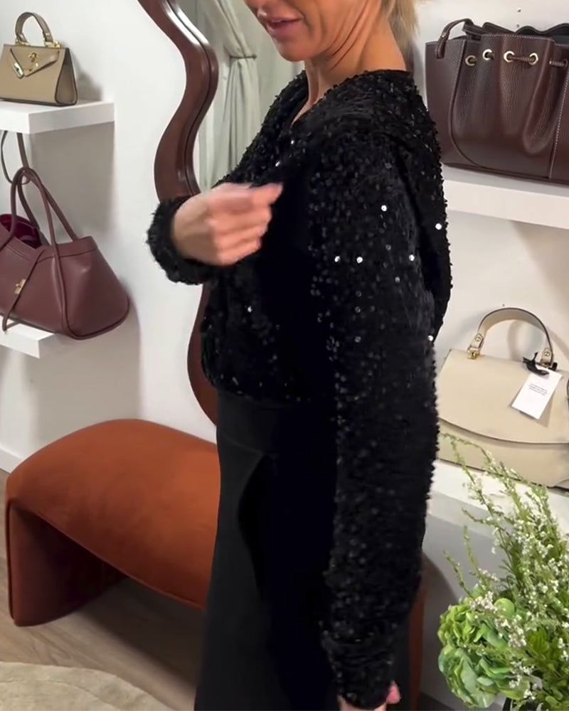 Fashionable Sequined Padded Shoulder Top