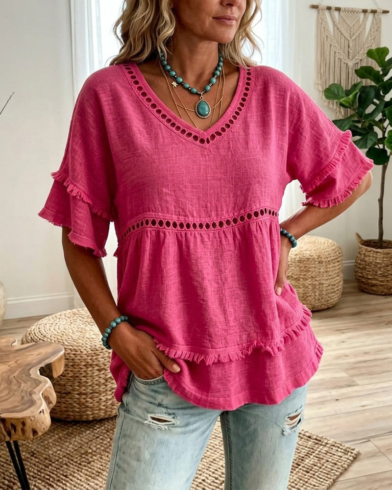 Cutout Fringe V-Neck Flare Sleeve Blouse
