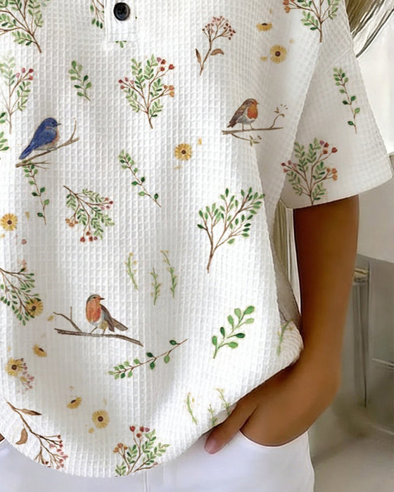 Round Neck Button Waffle T-Shirt