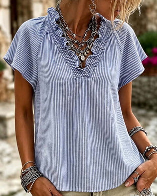 V-Neck Stripe Ruffle Blouse