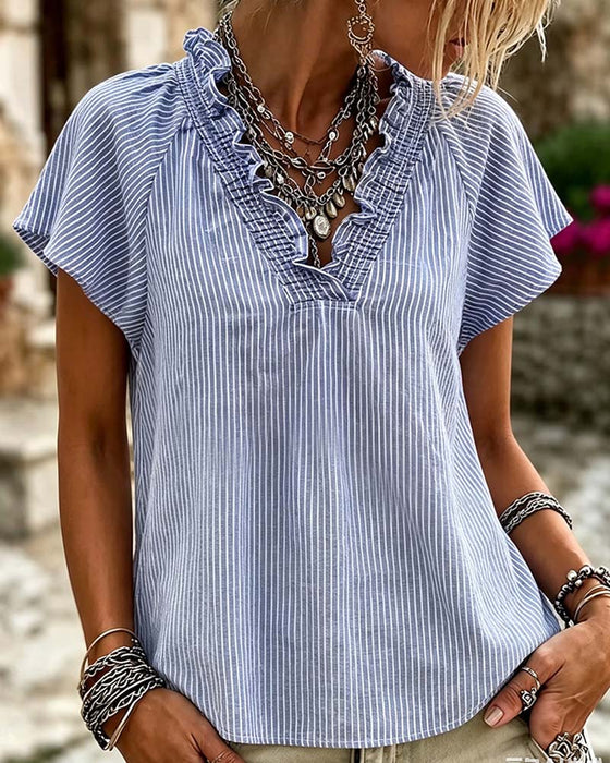 V-Neck Stripe Ruffle Blouse