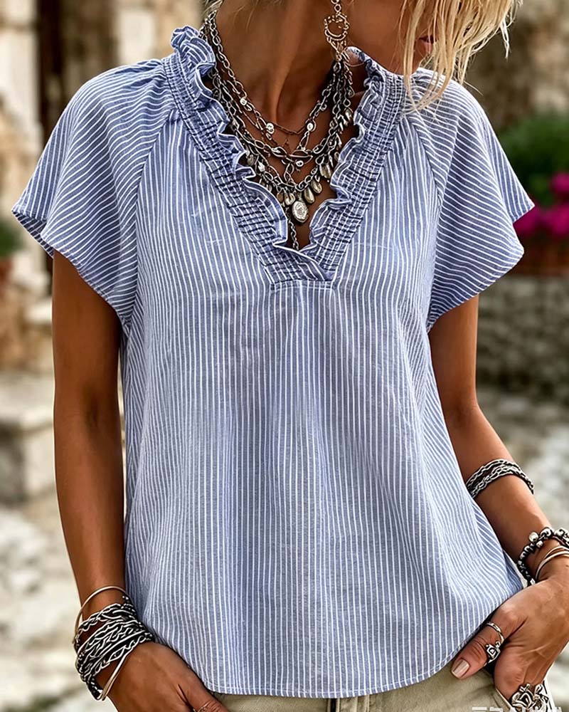 V-Neck Stripe Ruffle Blouse