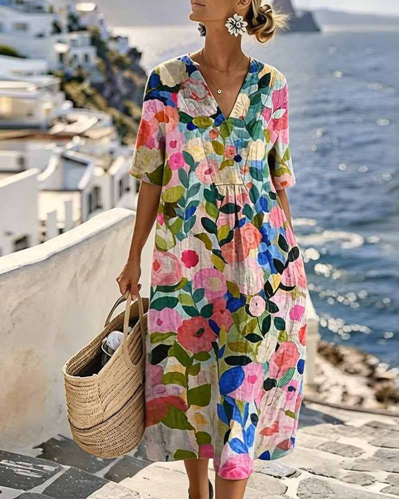Watercolor Floral V-Neck Dress