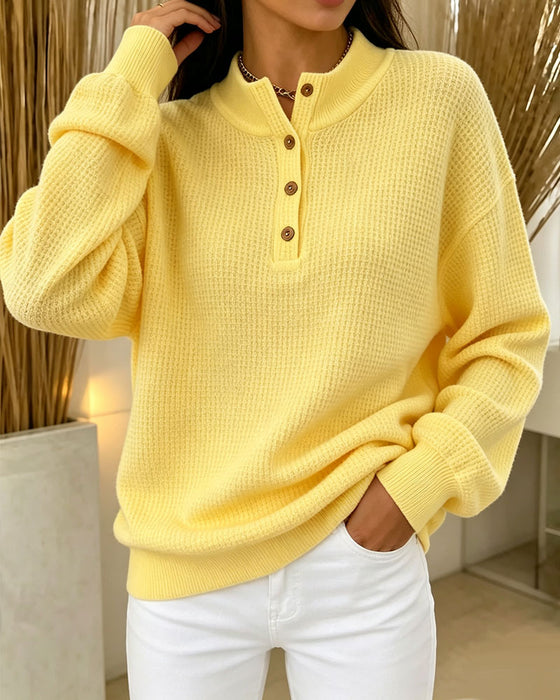 High Neck Button Long Sleeve Blouse