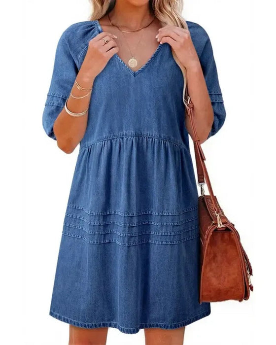 Denim V-Neck Puff Sleeve Dresses