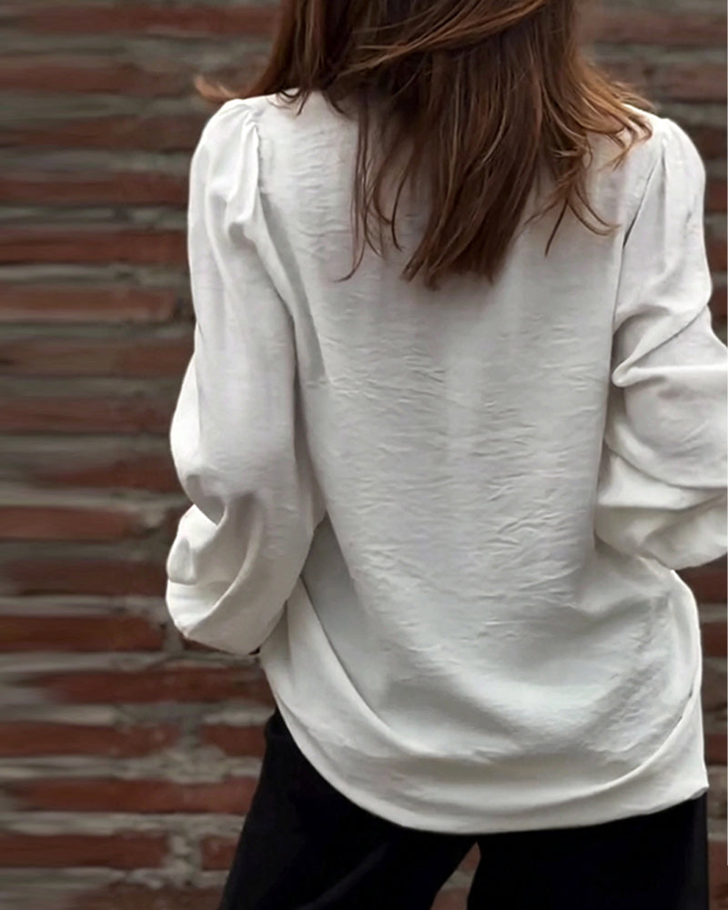 V-Neck Button Front Ruffle Puff Sleeve Blouse