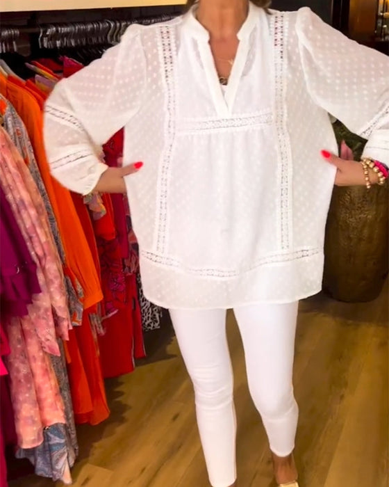 V-neck lace panel long-sleeved top