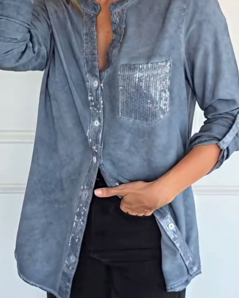 Solid Color Pocket Distressed Shirt