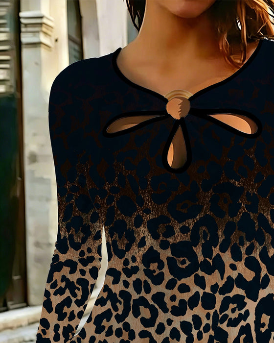 Hollow Round Neck Gradient Leopard Print Top