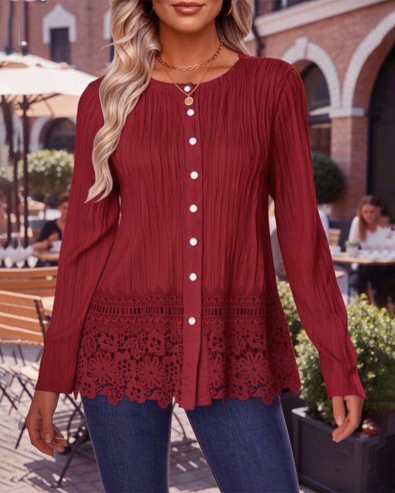 Lace-Trimmed Textured Fashion Blouse