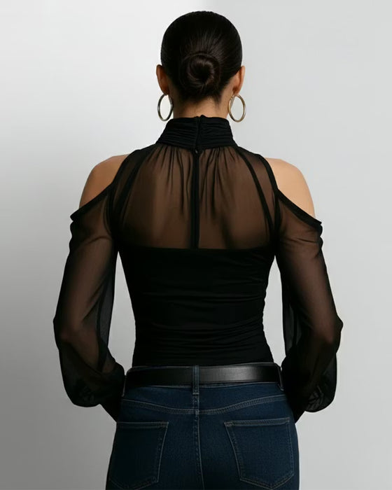 High Neck Cold Shoulder Cross Shirred Top