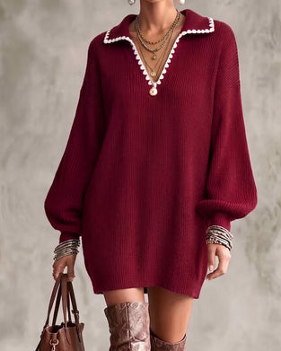 Lapel Contrast Lantern Sleeve Sweater Dress