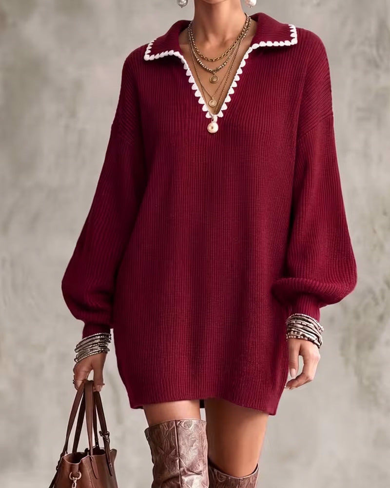 Lapel Contrast Lantern Sleeve Sweater Dress