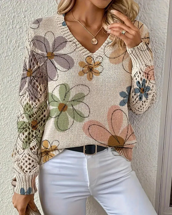 V-Neck Openwork Knit Sweater